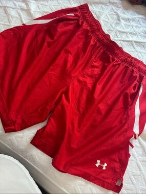 Under Armour Red Performance Mesh Shorts with White Logo